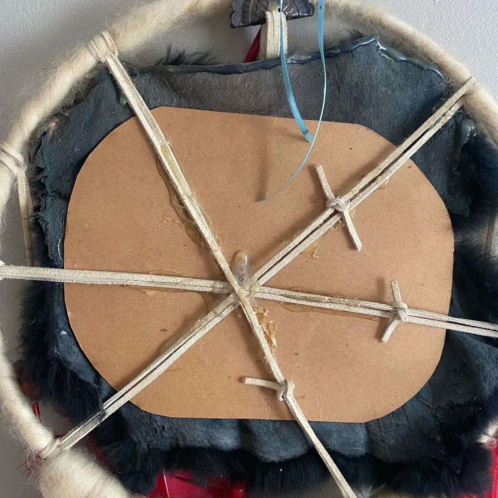 RARE INDIAN VINTAGE LARGE HANDMADE DREAM CATCHER Fur Feather Native Boho 12x18 - Picture 10 of 13